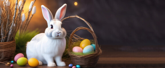 White cute bunny near a basket with Easter eggs and blooming willow flowers, copy space, banner. Celebration of Holy Easter