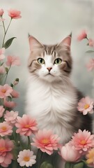 cat sit among the flowers, beautiful, postcard