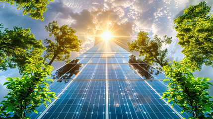 Renewable energy concept with solar panels under the blue sky, highlighting the importance of ecological power sources and sustainable environmental solutions