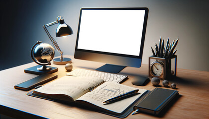 Blank computer screen mockup, working environment in a dimly lit room