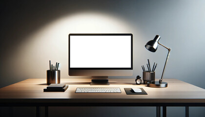 Blank computer screen mockup, working environment in a dimly lit room