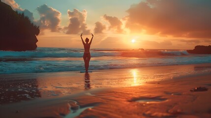 Morning Yoga Practice on a Serene Beach at Sunrise