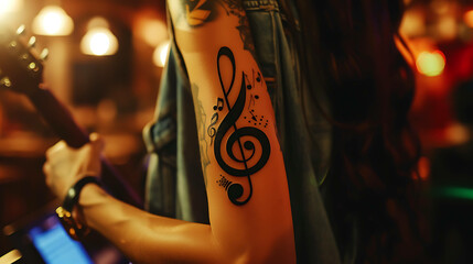 A woman with a treble clef tattoo on her arm. She is wearing a blue jean jacket and playing the...