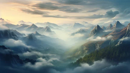 Zelfklevend Fotobehang Mistige ochtendstond Mountains in the morning on a foggy day