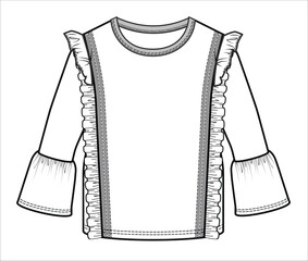 Girl's top clothing flat sketch. Children's clothing fashion design technical drawing. Apparel templates for girls. Editable vector illustrations with which designers can develop collections.