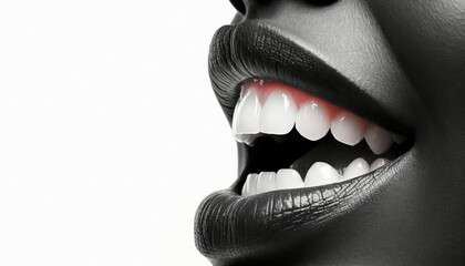 Part of beautiful face of black woman, lips and white teeth