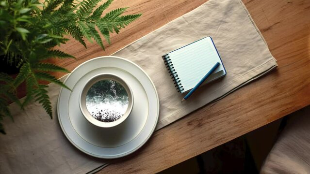 Top view of a table with a cup of coffee in which inside you can see a video of waves breaking on the coast, on a rustic wooden table with a small plant and a small notebook. Warm environment