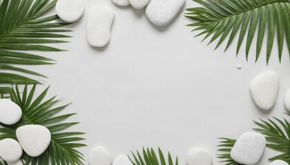 Top view of white stones and palm leaves on a white backdrop, creating a luxurious spa and tropical summer setting for premium product placement