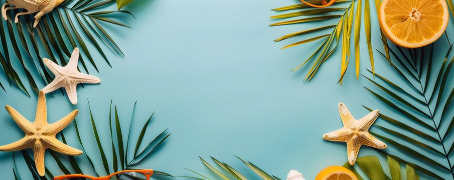 Top view flat lay of a summer background featuring starfish, oranges, beach hat, glasses, and palm leaves. A blue turquoise summer composition with space for copy or text.