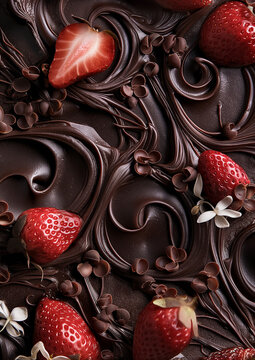 close up photo of delicious chocolate with strawberries and vanilla flowers