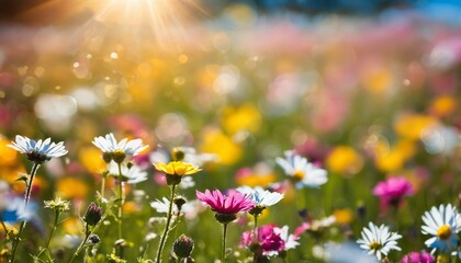 Summer greeting card concept with vibrant wildflowers, sunbeams, and blue sky, bokeh lights background - 750063964