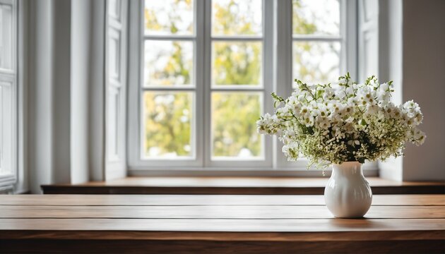 Springtime decor scene with a wooden table, spacious white window, and fresh flowers on top