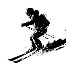 Silhouette of a skier on a ski slope, black silhouette on white background, editable svg, generated with AI