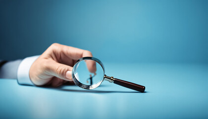 Magnifying glass searching for people on blue background, employment candidate hunt - 750064151