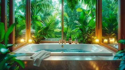 Fotobehang Tropical Luxury in a Secluded Bathroom Oasis, Immersive Nature Experience, Modern Architecture and Design © NURA ALAM