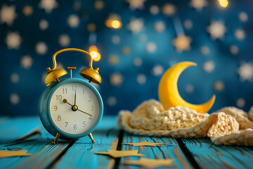 Alarm clock with moon and star at night.