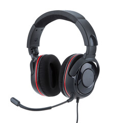 Black and red gaming headphones with a microphone isolated on a white background.