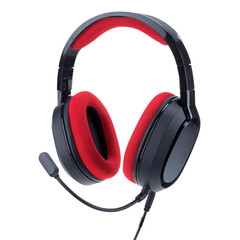 Black and red gaming headphones with a microphone isolated on a white background.