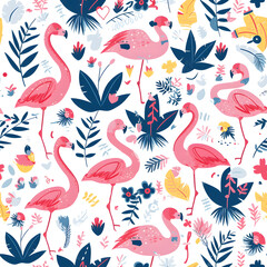 Obraz premium Seamless pattern background with pink flamingos and leaves.