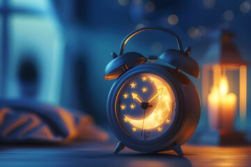 Alarm clock with moon and star at night.