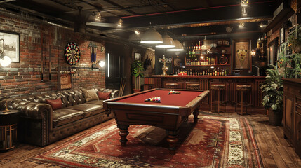 A basement with a pool table, a bar, a sofa, and a dartboard.