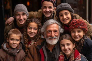 Group of family people on various ages. Portrait of happy grandfather and his grandchildren - obrazy, fototapety, plakaty