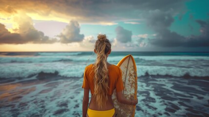woman holding a surf board in the beach at sunrise