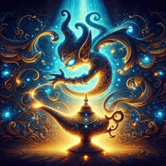 Illustration of a genie let out of a bottle, a fantasy rendition of a messenger of wishes