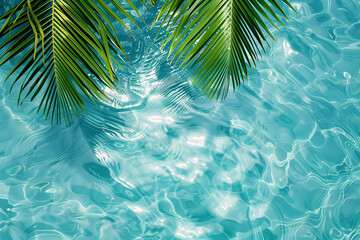 Fototapeta na wymiar Palm leaf above clear water background. Summer holiday and outdoor relax concept. Copy space