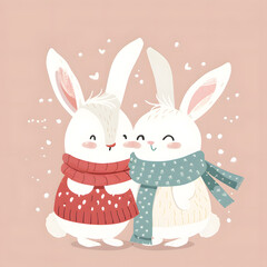 Obraz premium Cute bunny rabbit couple in love. Easter Day background.