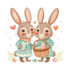 Cute cartoon bunny rabbit couple holding basket with easter egg  together. Easter Day background.
