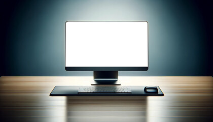 Blank computer screen mockup on a wooden table, clean background
