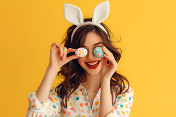Happy young woman wearing bunny ears headband and holding up Easter egg in front of eyes on background. - obrazy, fototapety, plakaty