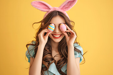 Happy young woman wearing bunny ears headband and holding up Easter egg in front of eyes on background. - obrazy, fototapety, plakaty