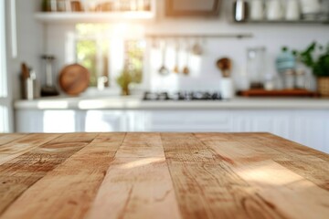 Empty beautiful wooden tabletop and blurred bokeh modern kitchen interior background