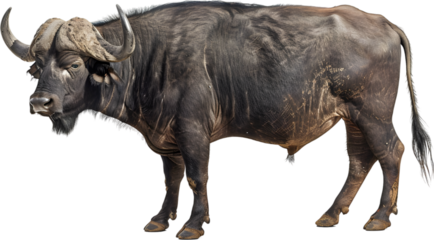 A Cape buffalo, Syncerus caffer, crossing a road. Birds are visible. Isolated on white