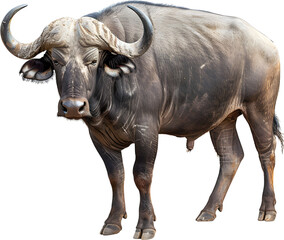 Obraz premium A Cape buffalo, Syncerus caffer, crossing a road. Birds are visible. Isolated on white