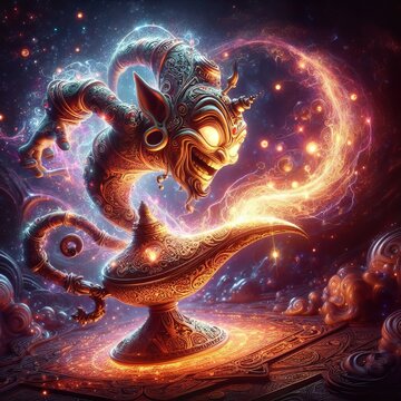 Illustration of a genie let out of a bottle, a fantasy rendition of a messenger of wishes