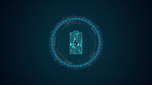 Motion graphic of Blue digital battery logo and circle futuristic HUD elements with power reserve concepts on cricuit board abstract background