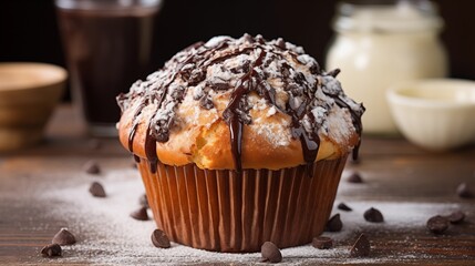 coffee and chocolate muffin, chocolate muffins on a wooden background