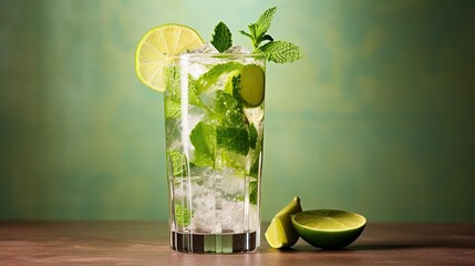 Cold lime water with ice in a glass with a straw.