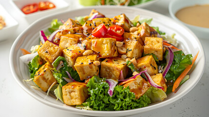 Fresh asian tofu salad bowl with peanut dressing
