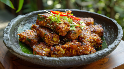 Spicy grilled pork belly on banana leaf