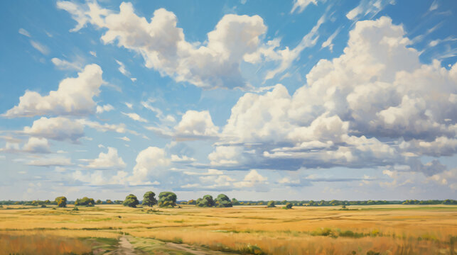 Oil painting summer landscape with focus on cumuli