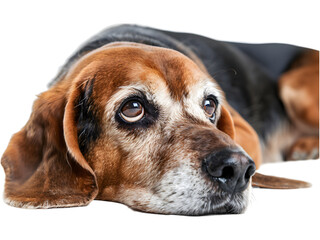 purebred beagle dog sitting with its big brown eyes looking up
