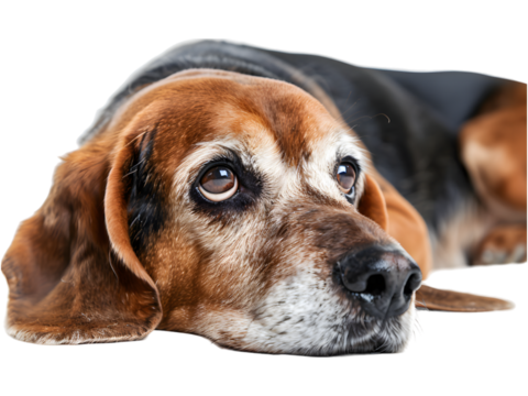 purebred beagle dog sitting with its big brown eyes looking up