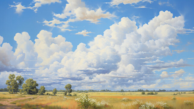 Oil painting summer landscape with focus on cumuli