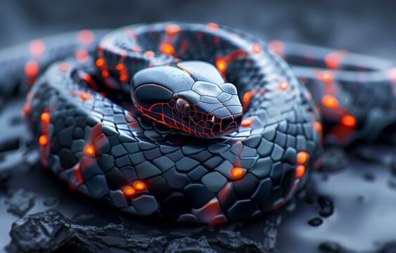 A Coiled Robotic Snake With a Sleek, Segmented Body of Graphite Black and Gleaming Hexagonal Scales
