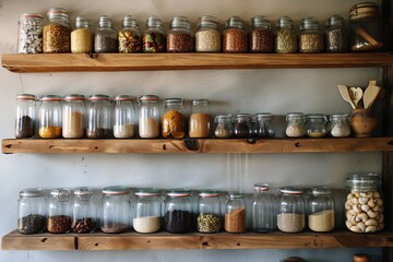 Wooden kitchen shelf with a variety of glass jars with organic spices and grains.