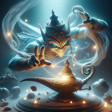 Illustration of a genie let out of a bottle, a fantasy rendition of a messenger of wishes